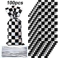 100 Pieces Black and White Cellophane Bags Checkered Racing Treat Bags Gift Race Car Theme Plastic Candy Bags with 100 Pieces Silver Twist Ties for Racing Party Favor