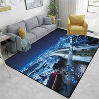 Travel Polka Dot Door Mats Inside, Aerial View Tel Aviv Night Ayalon Highway City Life Modern Panorama Photo, Easy Maintenance Area Rug Living Room Bedroom Carpet(2'x 6') Dark Blue Pale Blue