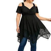 Meikosks Ladies Lace Hem Strapless Pullover Short Sleeve Tops Plus Size T Shirt Solid Color Blouses Black