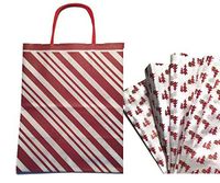 Gift WRAP Set: Christmas Gift Bags with Tissue Paper Bundle, Set of 6 (Recycled Peppermint Stripe with Woodland Cabin)
