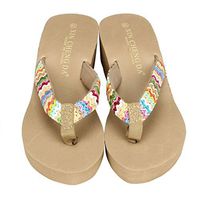 CieKen Summer Sexy Flip Flops Women Bohemian High Platform Summer Wedge Thong Slippers Women (Khaki, US: 5)