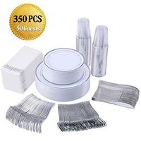 350 Piece Silver Dinnerware Set 50 Guest-100 Silver Rim Plastic Plates-50 Silver Plastic Silverware-50 Silver Plastic Cups-50 Linen Like Silver Paper Napkins,FOCUS LINE Disposable Dinnerware Set