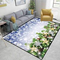 Christmas natural fiber Area Rug for Baby Nursery, Snow Time with Falling Flakes and Bokeh Backdrop Fir Twigs with Cones and Stars, Easy Maintenance Area Rug Living Room Bedroom Carpet(2.5'x 7')