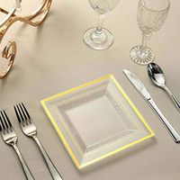 Tableclothsfactory 10 Pack 7" Clear Disposable Plates Square Plastic Plates Salad Dessert Plates With Shiny Gold Rim For Weddings