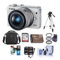 Canon EOS M100 Mirrorless Camera with EF-M 15-45mm f/3.5-6.3 is STM Lens, White - Bundle with 32GB SDHC Card, Camera Case, 49mm Filter kit, Spare Battery. Tripod, Software Package, and More