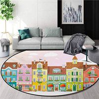 Vintage Modern Machine Washable Round Bath Mat,Retro Houses in with Small Businesses Bakery Fishmonger Coffee Shop Non-Slip Living Room Soft Floor Mat,Diameter-47 Inch