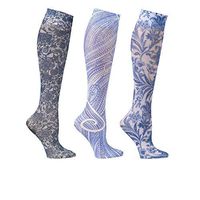 Celeste Stein Women's Knee-High Stockings - 3 Pack Wide Calf Closed Toe Mild Compression 8-15 mmHg - Blue Medley