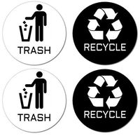 Recycle & Trash Stickers (2 Trash + 2 Recycle, Premium Quality) for Use on Trash Cans & Recycle Bins of All Types; 4" Round with Adhesive on Back (2 White Trash + 2 Black Recycle)