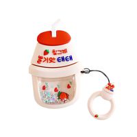 ICI-Rencontrer Creative 3D Quickstand moving Bling Glitter Strawberry Yogurt Bottle Design Airpods Case Cute Fresh Fruit Drinks Soft Silicone Protective Wireless Earphone Charging Case Decoration