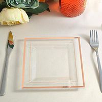 Tableclothsfactory 10 Pack 7" Clear Disposable Plates Square Plastic Plates Salad Dessert Plates With Shiny Rose Gold Rim For Weddings