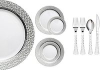 Royalty Settings Hammered Collection Heavy Duty Plastic Plates for Weddings for 20 Persons, Includes 20 Dinner Plates, 20 Salad Plates, 40 Forks, 20 Spoons, 20 Knives, White with Silver Rim