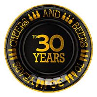 Crisky 30th Birthday Plates Black and Gold Dessert, Buffet, Cake, Lunch, Dinner Plates for 30th Birthday Decorations Party Supplies, Cheers and Beers to 30 Years! 50 Count, 9" Plate