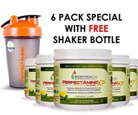 BodyHealth PerfectAmino XP Lemon Lime (6 Pack + Shaker Bottle), Best Pre/Post Workout Recovery Drink, 8 Essential Amino Acids Energy Supplement with 50% BCAAs, 100% Organic, 99% Utilization