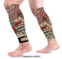 Flexible Breathable Comfortable Leg Skin Protector Sleeve Tires Shop and Service Route 66 Emblem Advertisement Retro Style Poster Print Calf Compression Sleeve