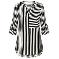 NEARTIME Women's Chiffon Blouse Fashion Striped Split V-Neck T-Shirts Long Sleeve Casual Shirt Long Tops