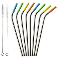 COMOOO Reusable Stainless Steel Straws,Metal Drinking Straws With Colorful Silicon Tips & Carry Bag,Cleaning Brushes For Yeti/Ozark/Rtic/Arctic 20/30oz (10.5 inch":8 bent)