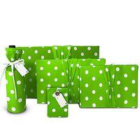 Premium Gift Wrap Set - Green and White Polka Dots - Reusable Wrapping Paper- Use as gift bags too! Ecofriendly, (Set of 5) 3 Gift Wraps, Wine Bag & Gift Card Holder