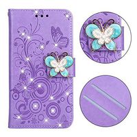Cfrau Diamond Case with Black Stylus for iPhone 7,Luxury Magnetic Crystal 3D Handmade Butterfly Flower Bling Stand Wallet PU Leather Shockproof Case for iPhone 7/8,Purple