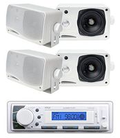 4) New Pyle PLMR24 3.5" 400W 3-Way Marine Speaker System + PLMR20W MP3 Receiver