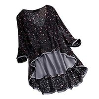 Meikosks Women's Floral Print Blouses Irregular Tops Patchwork Long Sleeve Shirt Plus Size Tee Black
