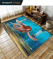 YucouHome Mermaid Moon & Stars Kids Rooms Nursery Decor Mats, Lifelike Mermaid Holding a Sea Lily Magic Aquatic World Theme, Easy Maintenance Area Rug Living Room Bedroom Carpet(3'x 5')