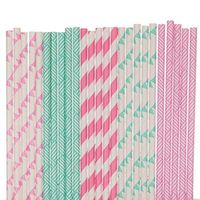 Pink and Aqua Blue Paper Straw Mix - Basket Weave, Pennant Banners, Striped (25)