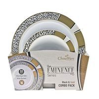 Eminence Series (5 oz. Dessert Bowls + 12 oz. Soup Bowls) 1 Combo Pack, Service for 16 (32 Bowls) Disposable/Reusable Plastic Party Tableware – Black/Gold