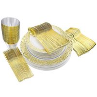 25 Guest Settings (150 piece) of Gold Lace Plates, Silverware, Glasses, Premium Disposable Plastic Dinnerware: 25 Dinner & 25 Salad Plates, 25 Glasses (9 oz), 25 Forks, 25 Knives, 25 Spoons