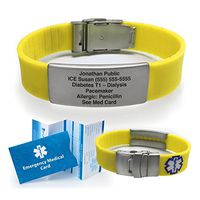 Silicone Sport Medical Alert ID Bracelet - Yellow (Incl. 5 Lines of Custom Engraving). Choose Your Color! -
