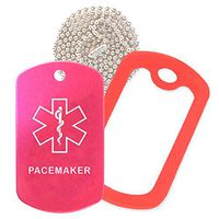 Pacemaker Medical Alert ID Necklace with Pink Hot Tag, Red Silencer, and 30'' USA Chain - 154 Color Choices