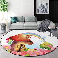 Mushroom Carpet Gray Round Area Rug,Little Shroom House in Garden of Flowers Rainbow Fruit Trees Circus Tent Balloons Pattern Floor Seat Pad Home Decorative Indoor Diameter-55 Inch,Multicolor