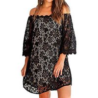 JQjian Summer Sexy Off Shouder Lace Shift Loose Beach Party Mini Dress for Women (2XL, Black)