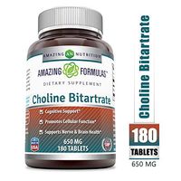 Amazing Formulas Choline Bitartrate - 650 MG, 180 Tablets (Non-GMO,Gluten Free) – Supports Nerve & Brain Health - Promotes Cellular Function - Cognitive Support