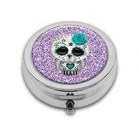 Pill Box,Shiny Purple Glitter with Sugar Skull Owl Pill Case for Purse Pocket Pill Organizer with 3 Compartments Silver 2.1 Inches Portable Vitamin Medicine Case Holder
