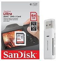 SanDisk Ultra 64GB Class 10 SDXC UHS-1 Memory Card up to 80MB/s - SDSDUNC-064G with USB 2.0 dual slot MicroSD & SD Memory Card Reader 