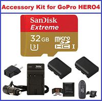 Accessory Kit for GoPro HERO4 Camcorder, Includes: SanDisk 32GB SDHC Extreme MicroSD Memory Card, AC/DC Travel Charger with Batteries, Card Reader and Memory Card Wallet