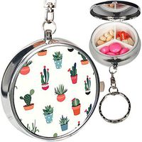 Portable Metal Pill Organizer Keychain Case Stash Box with 3 Compartments for Medicine Vitamin (Cacti Succulents)