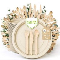 Smeen Compostable Plates and Bamboo Cutlery Set [150 Pcs] 9" for 50 Guest | 50 Forks , 25 Knives , 25 Spoons , 50 Biodegradable Plates | Heavy Duty Paper Plates for Parties Wedding Microwaveable