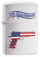 Zippo Lighter: Second Amendment Gun and American Flag - Brushed Chrome 79545