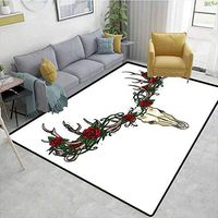 Bigdatastore Antler Decor Flowers Door Mat Outdoor Waterproof, Skull with Romantic Roses Vintage Spiritual Design Gothic Style Skeleton, Fashionable High Class Living Dinning Room(2.5'x 7')