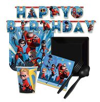 The Incredibles Party Supplies Pack Large and Small Plates Napkins Cups Birthday Banner and Premium Quality Plastic Cutlery by FAKKOS for 16 Guests