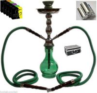 17" 2-hose Green Hookah Set Nargila Pipe + 1 Hard Hookah Case + 1 Box of Hydro Shisha Flavor + 10 Instant Charcoals + 2-Hoses + Tongs + All Rubber Garments.