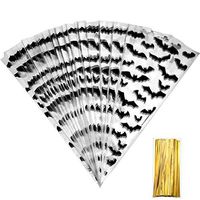 100 Counts Bat Spider Pumpkin Patterned Halloween Cone Cellophane Bags Treat Candy Bags with 100 Pieces Twist Ties for Halloween Christmas Party Favor (Color F)