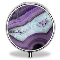 Purple Agate Pill Case, Round Stainless Drug Organizer Container Medicine Cover for Pocket Daily&Weekly