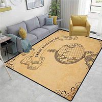 Inspirational Plaid Area Rug, Retro Globe Earth World with Great Adventure Quote Boho Style Graphic, Durable Carpet Area rug - Living Dinning Room Bedroom Rugs and Carpets(2.5'x 7') Sandy Brown Black