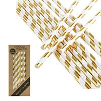 125 PCS Gold Striped Paper Straws Metallic Drinking Decoration Eco Friendly 100% Biodegradable - Boxed 5 Individual Packs of 25 Units