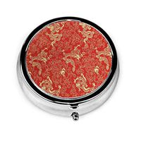 Small Pill Box Case Red Chinese Gold Dragon Great Portable Compact 3 Compartment Medicine Holder for Daily Needs and Travelling