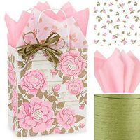 Gift WRAP Set: Gift Bags with Tissue Paper/Ribbon Bundle, Set of 10 (Pink Flowers/Pink Floral), for Wedding, Bridal Shower, Quinceanera