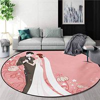 RUGSMAT Wedding Modern Machine Round Bath Mat,Bride and Groom Getting Married Dancing On Pink Floral Background Abstract Art Non-Slip No-Shedding Kitchen Soft Floor Mat,Diameter-24 Inch