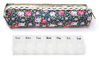 Weekly Travel Pill Pouch Bag with 7 Day Pill Organizer - Zippered Travel Case Keeps Your Pills Secure (Green Floral)